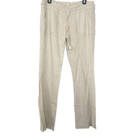 Roxy Linen Blend Wide Leg Drawstring Lightweight Stone Oceanside Pants Sz Large - Picture 2 of 6
